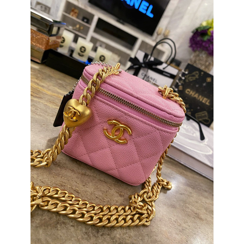 Ch*el quilted caviar mini vanity case gold hardware pink