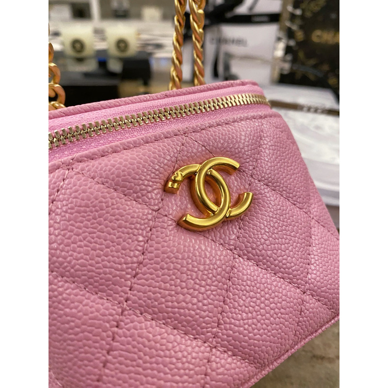 Ch*el quilted caviar mini vanity case gold hardware pink