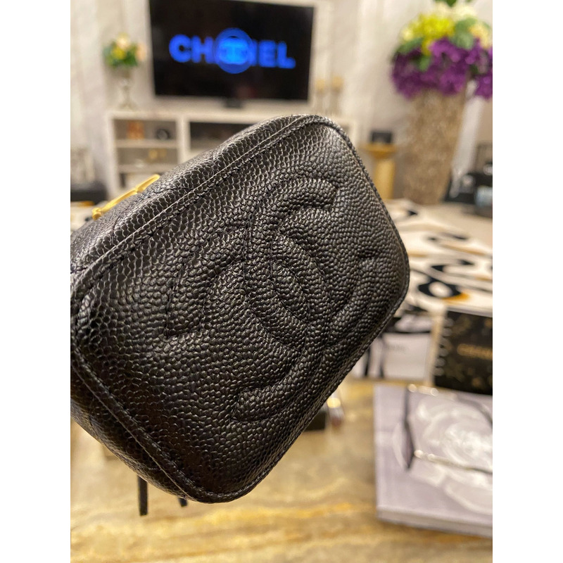 Ch*el quilted caviar mini vanity case gold hardware black