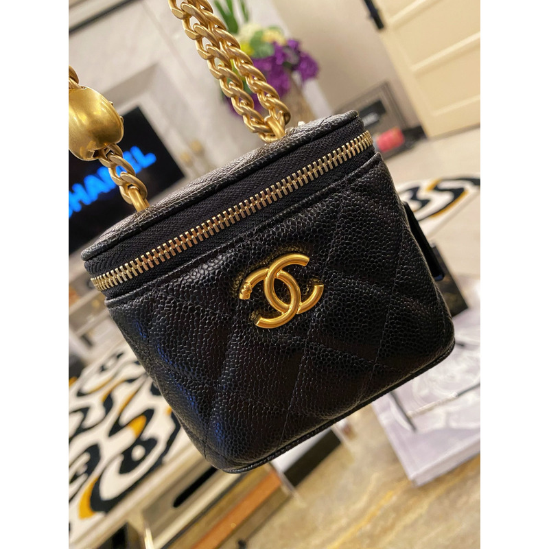 Ch*el quilted caviar mini vanity case gold hardware black