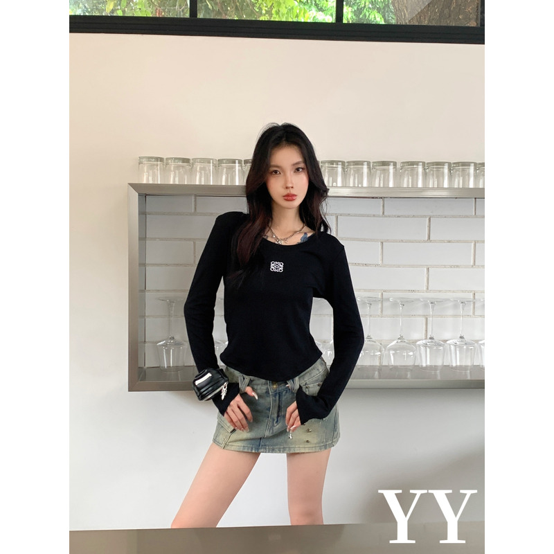 Loewe Embroidered Cotton Long Sleeve Top Black And  Stitched Distressed Denim Short Skirt Light Blue