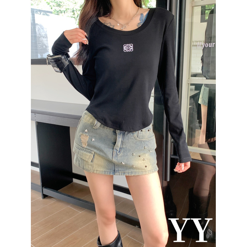 Loewe Embroidered Cotton Long Sleeve Top Black And  Stitched Distressed Denim Short Skirt Light Blue