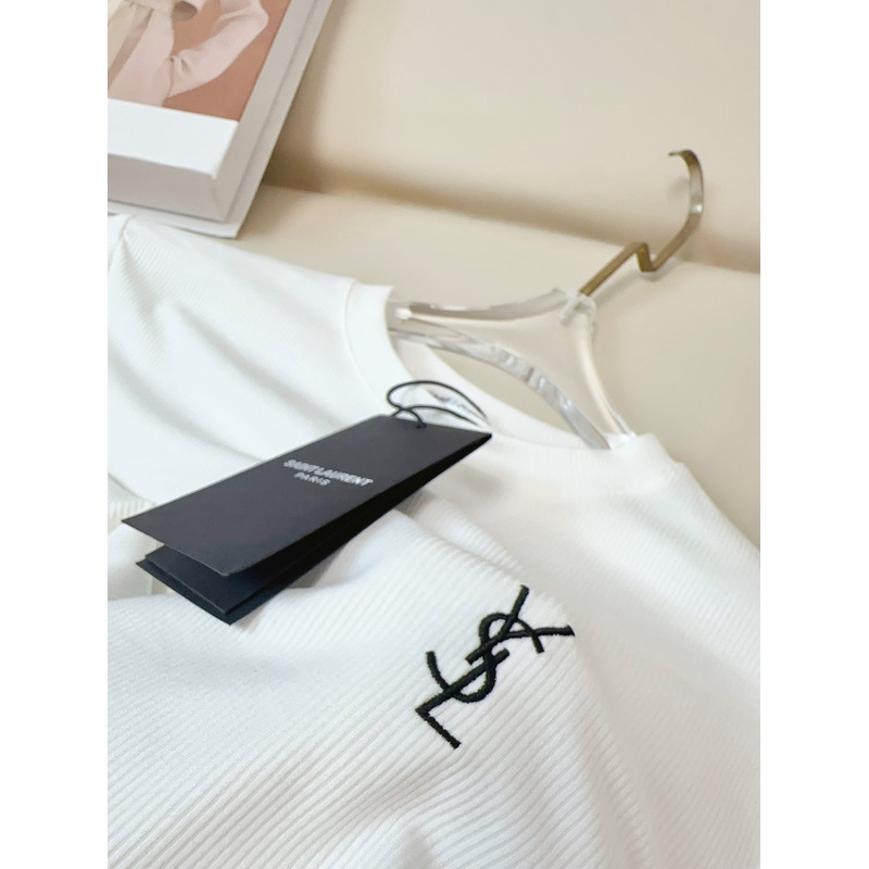 Saint Laurent Printed Logo Slim-Fit Long Sleeve T-shirt in Cotton White