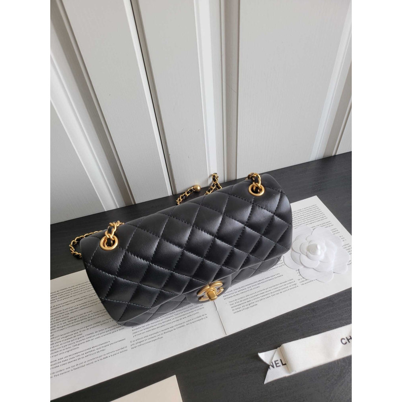 Ch*el flap bag gold-tone lambskin in black