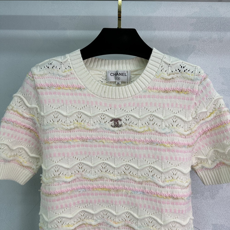 Ch*el logo knitted hollow short sleeve white&pink