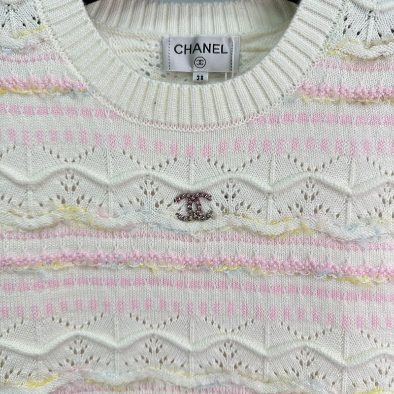 Ch*el logo knitted hollow short sleeve white&pink