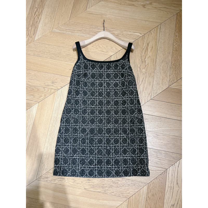 D*or macrocannage short dress technical cotton tweed black&white