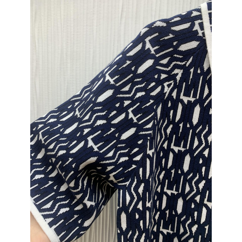 D*or short-sleeved jacket allover motif white technical knit with navy blue
