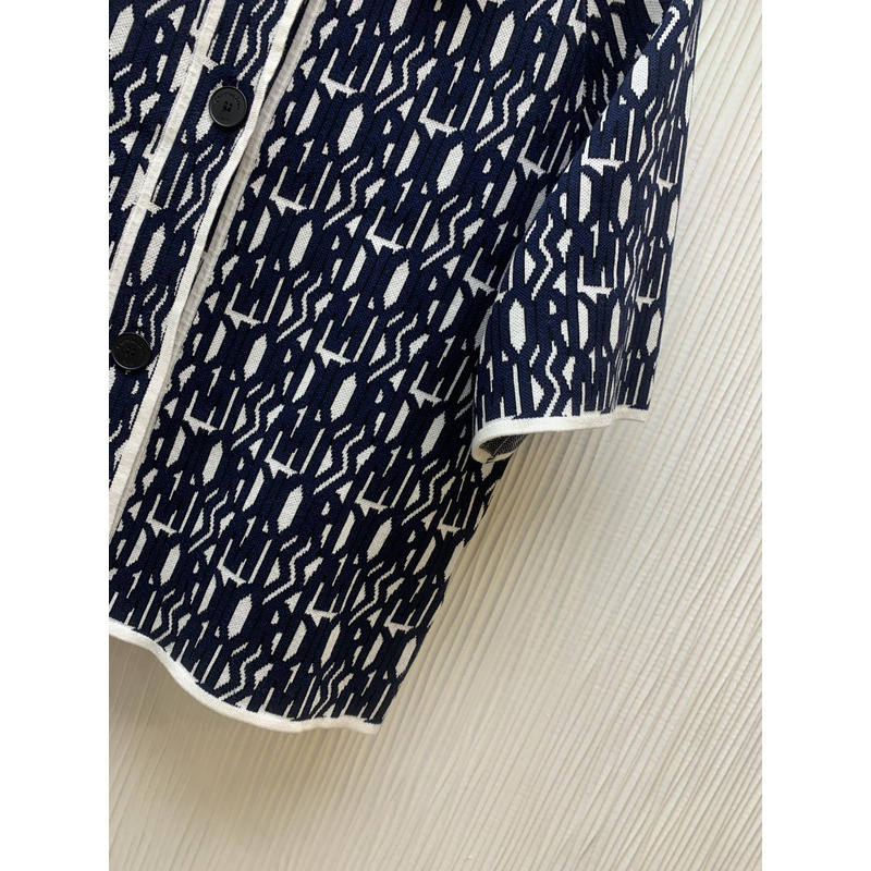 D*or short-sleeved jacket allover motif white technical knit with navy blue