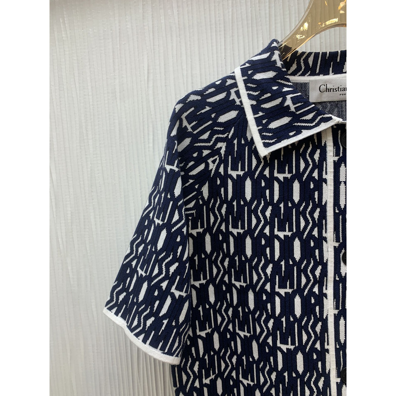 D*or short-sleeved jacket allover motif white technical knit with navy blue