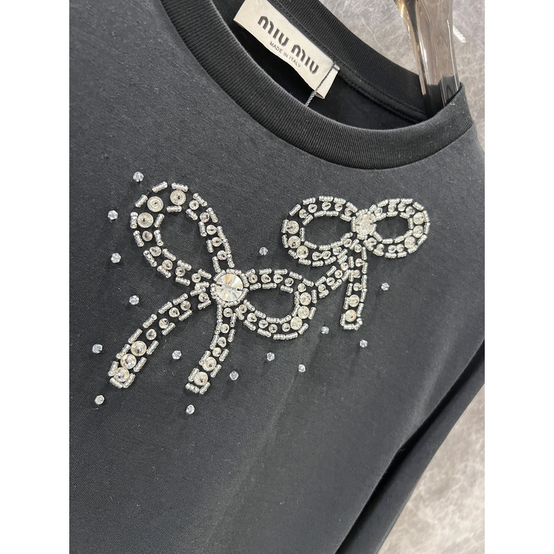 Miu Miu Embellished Bow Long Sleeves Cotton Black