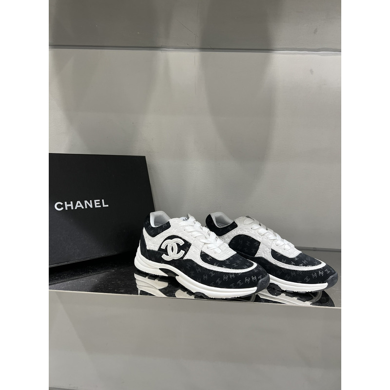 Ch*el  nylon suede calfskin printed cc sneakers white black
