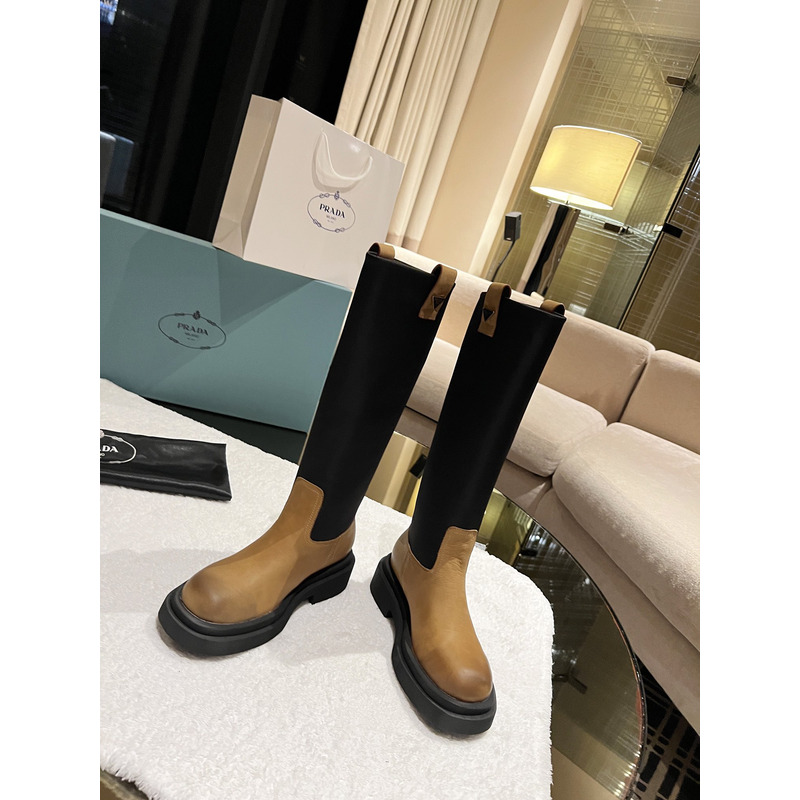 Pra*a triangle-logo leather knee boots black&brown