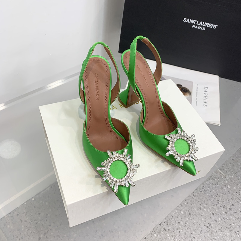 Amina Muaddi Begum Crystal Satin Slingback Pumps Bright Green