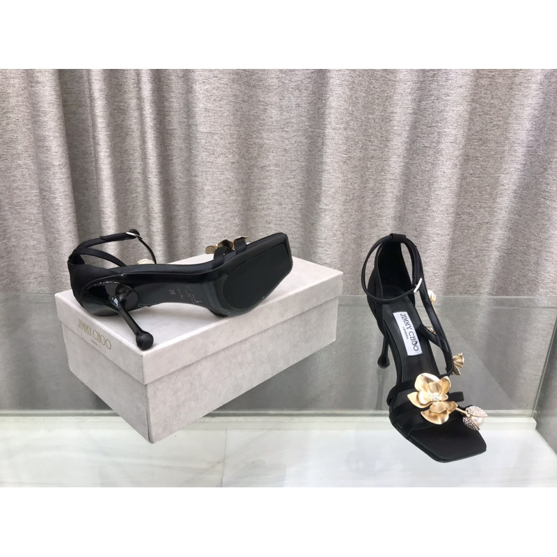 Jimmy Choo Zea 95 Black Satin Sandals with Metal Flowers