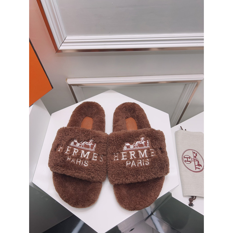 Hermès Logo Embroidered Fur Slippers Coffee