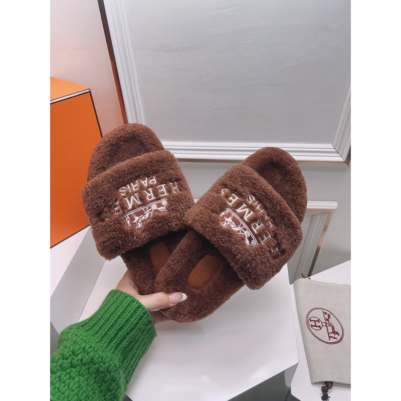 Hermès Logo Embroidered Fur Slippers Coffee