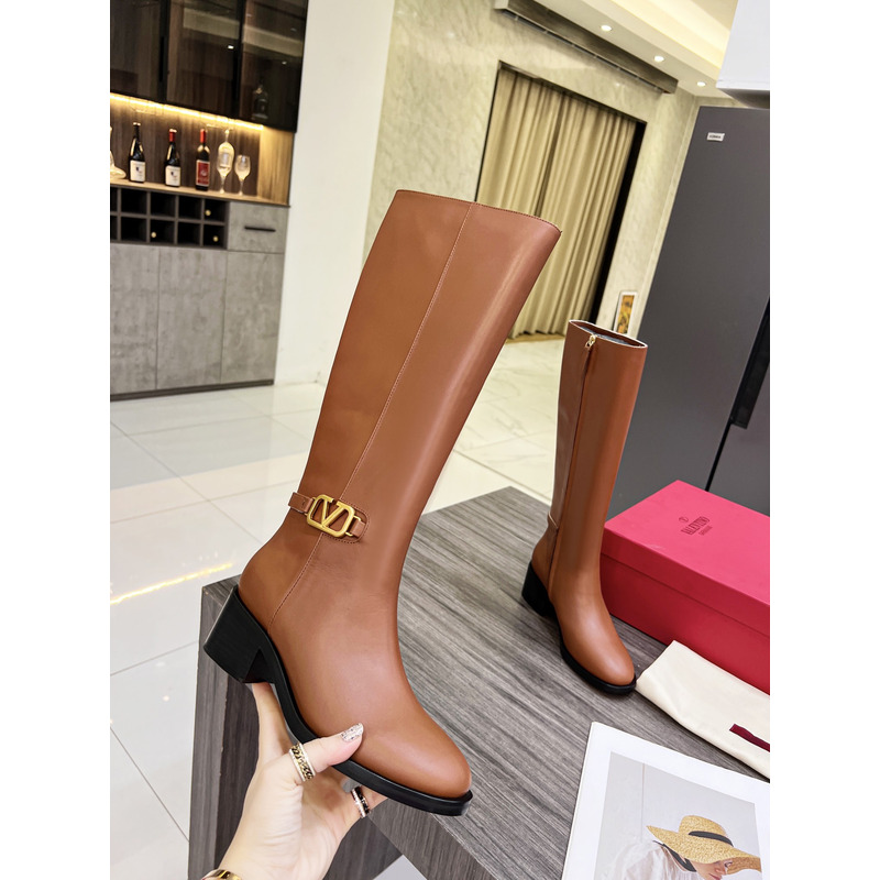 Valentino Vlogo Signature Calfskin High Boot Brown