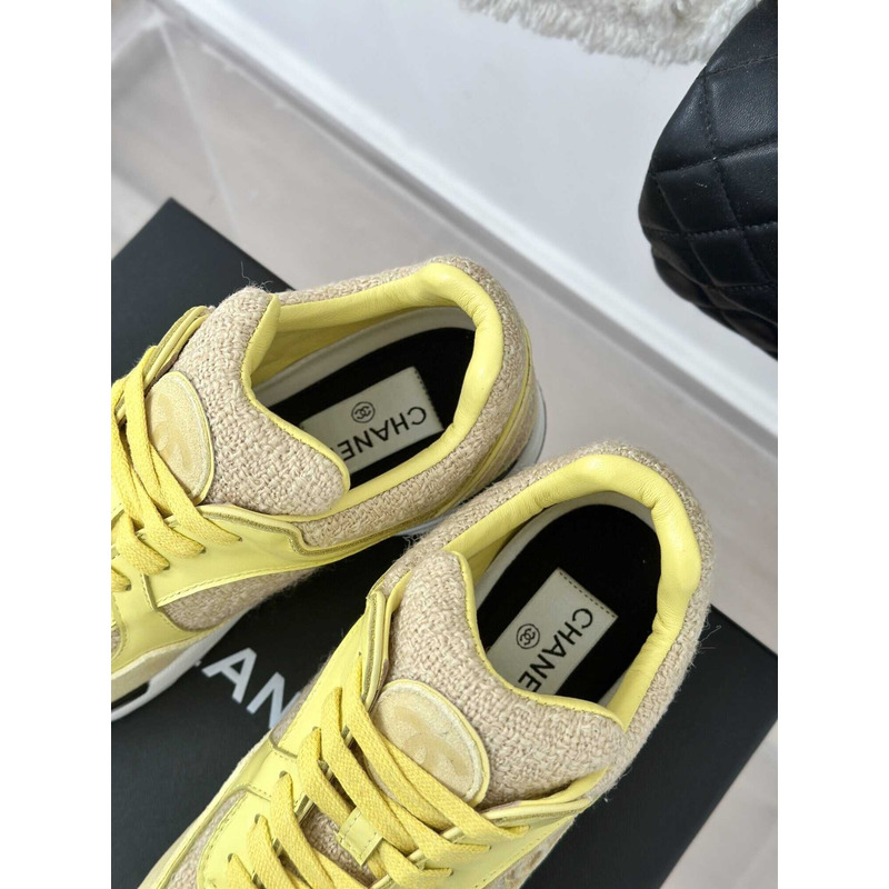 Ch*el wool tweed calfskin & suede calfskin sneaker light yellow & yellow