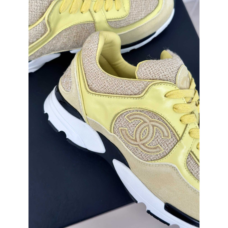 Ch*el wool tweed calfskin & suede calfskin sneaker light yellow & yellow