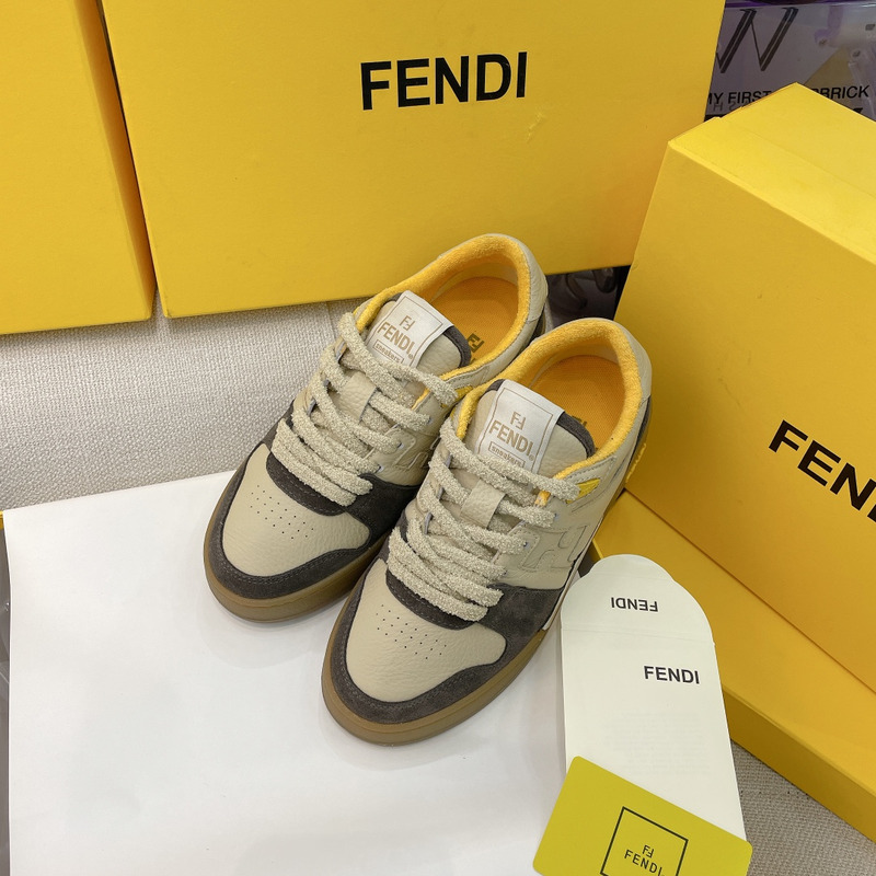 F**di calfskin suede F**di match low top sneakers dodo straw yellow
