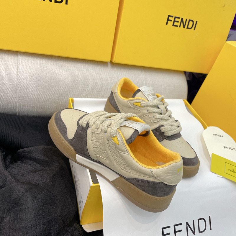 F**di calfskin suede F**di match low top sneakers dodo straw yellow