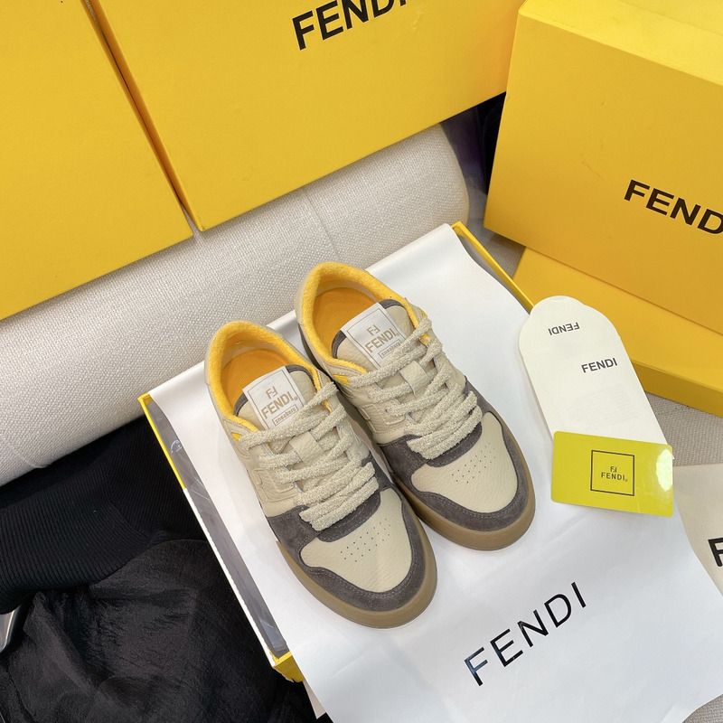F**di calfskin suede F**di match low top sneakers dodo straw yellow