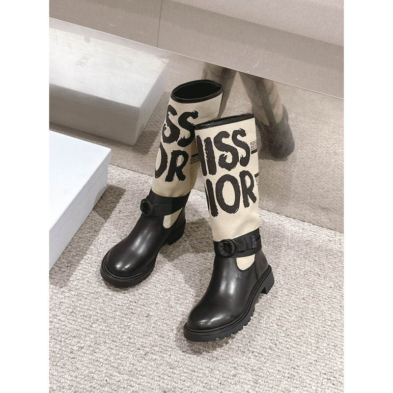 D*or d-major boot warm taupe technical canvas with black miss D*or graffiti print and black calfskin