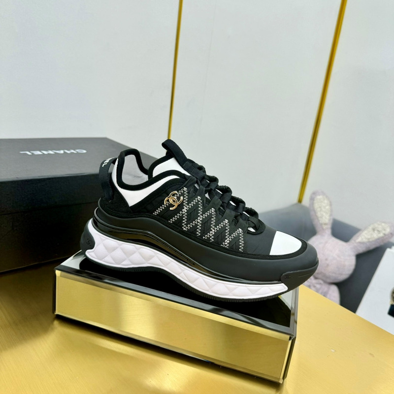 Ch*el sneakers silk cowhide & tarps black&white