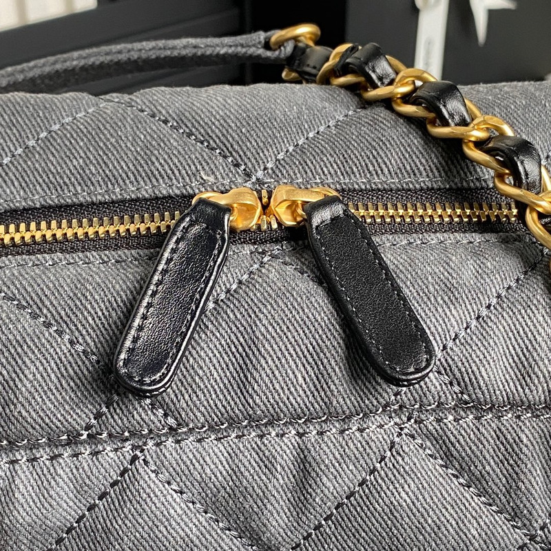 Ch*el large bowling bag denim & gold-tone metal grey