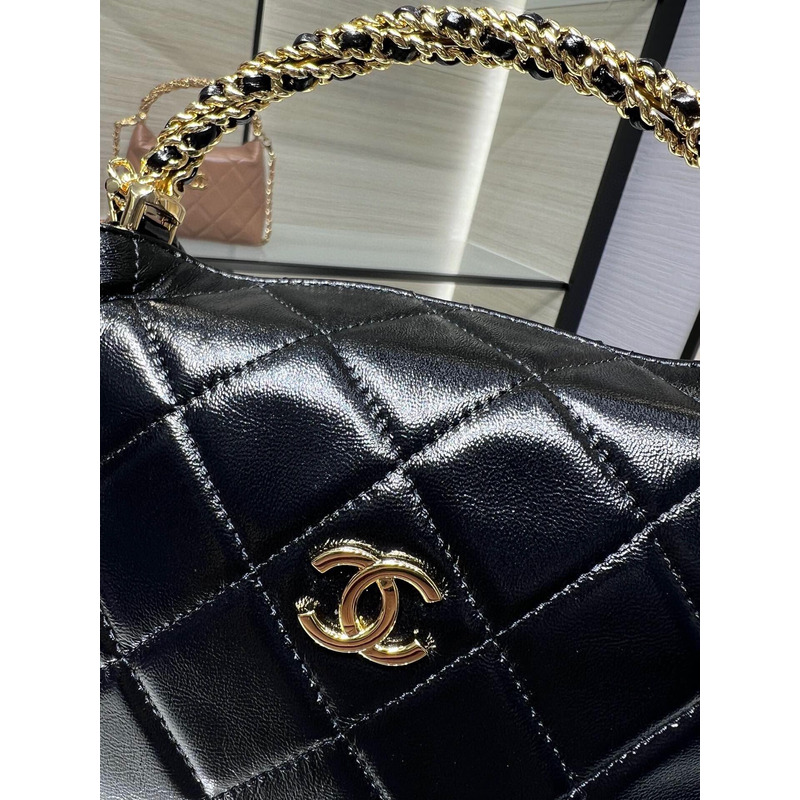 Ch*el clutch with chain shiny lambskin & gold-tone metal black