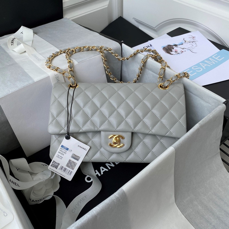 Ch*el medium caviar gold classic flap bag grey