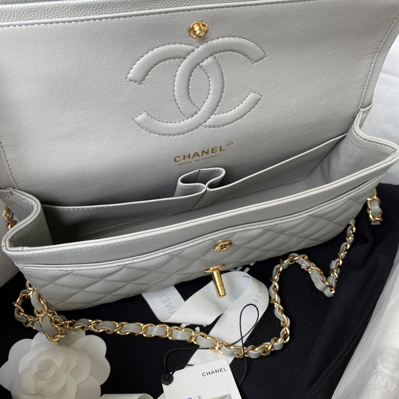 Ch*el medium caviar gold classic flap bag grey
