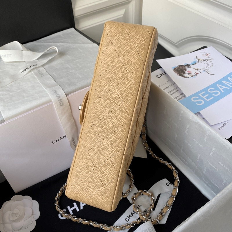 Ch*el medium caviar silver classic flap bag beige