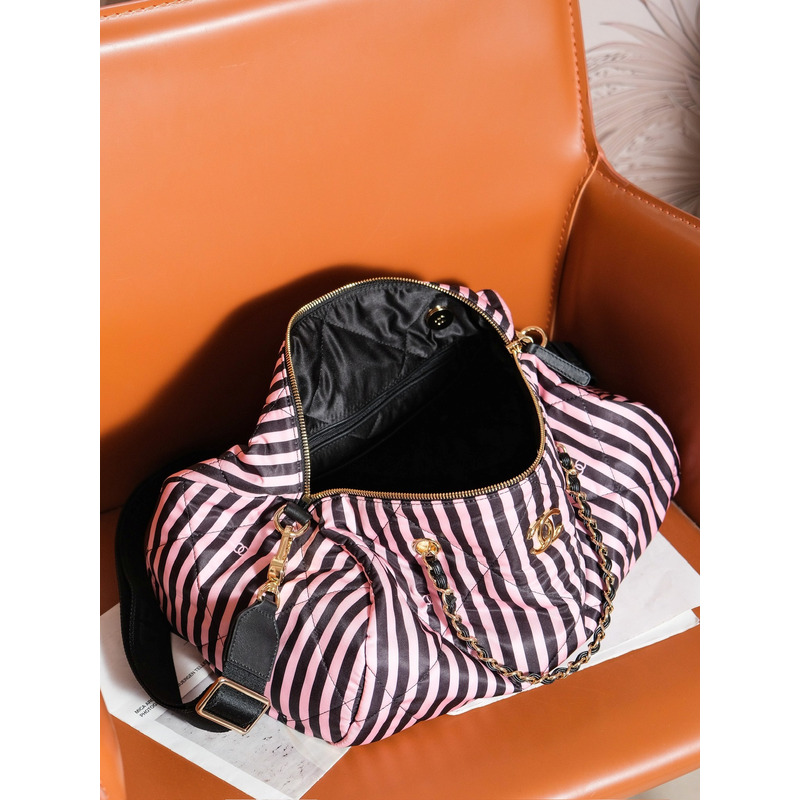 Ch*el large bowling bag gold metal black & pink