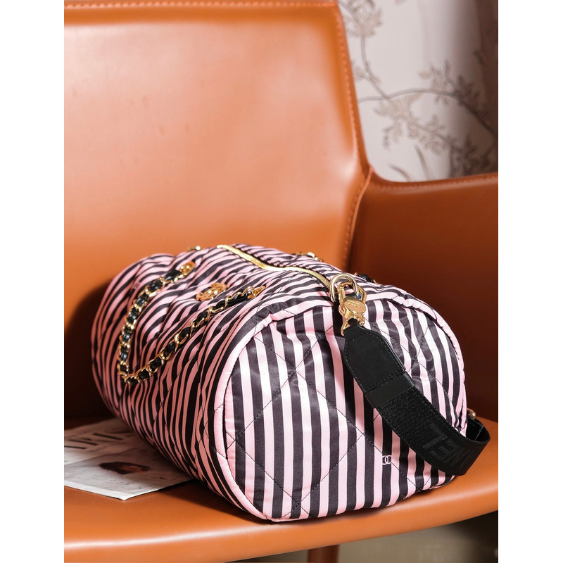 Ch*el large bowling bag gold metal black & pink