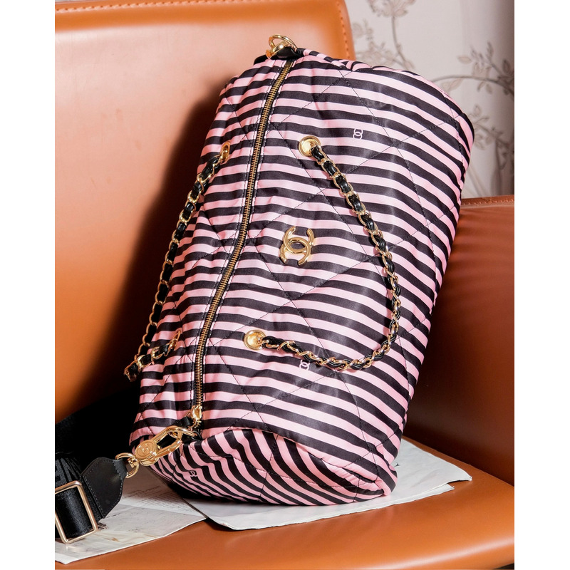 Ch*el large bowling bag gold metal black & pink