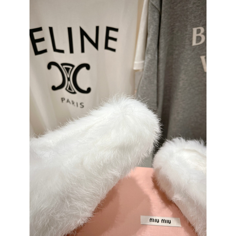 Miu Miu Logo Winter Fluffy Fur Slippers White