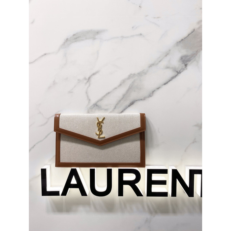 Saint Laurent Uptown Leather-trimmed Canvas Pouch Beige