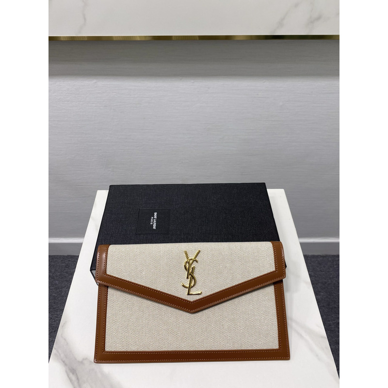 Saint Laurent Uptown Leather-trimmed Canvas Pouch Beige