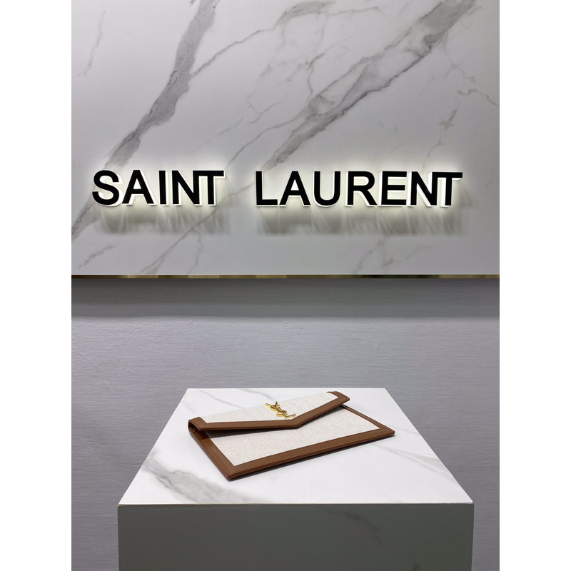 Saint Laurent Uptown Leather-trimmed Canvas Pouch Beige