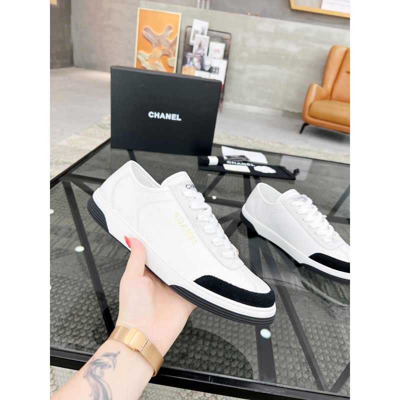 Ch*el calfskin sneakers black and white