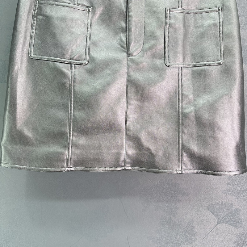 Ch*el skirt metallic lambskin silver