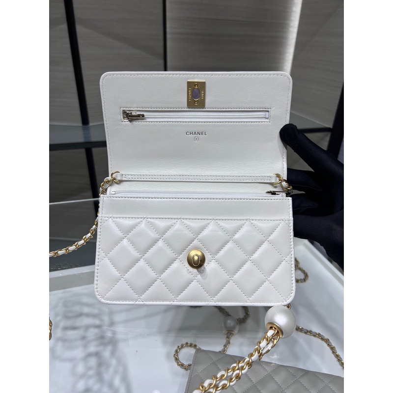 Ch*el lambskin, imitation pearls & gold metal in white