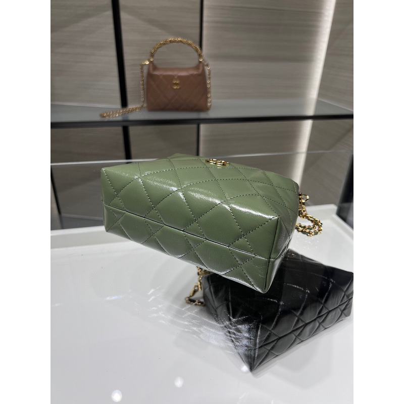 Ch*el rotating handle chain lunch box bag oil wax leather in green