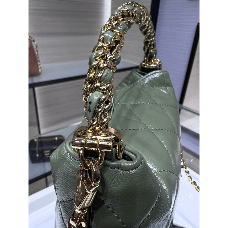 Ch*el rotating handle chain lunch box bag oil wax leather in green