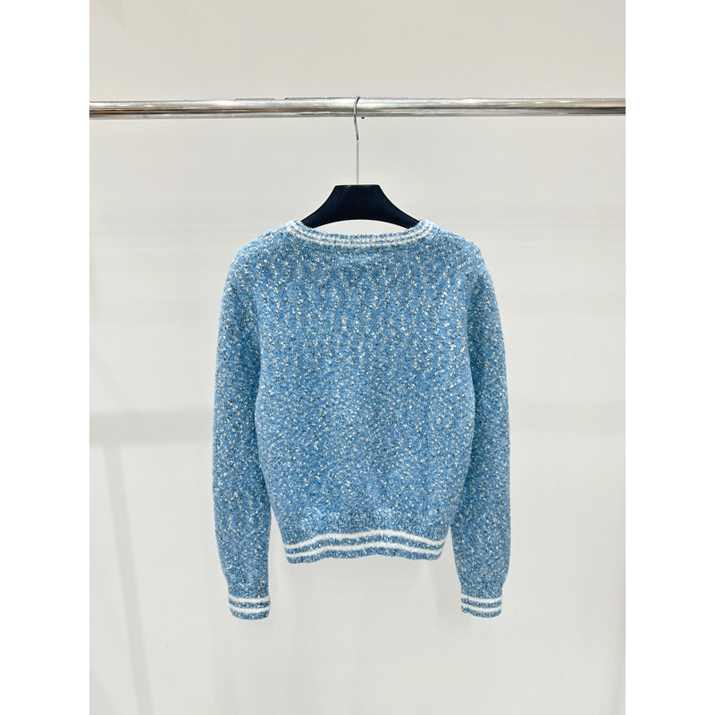 Ch*el logo long sleeve cardigan sweater in blue