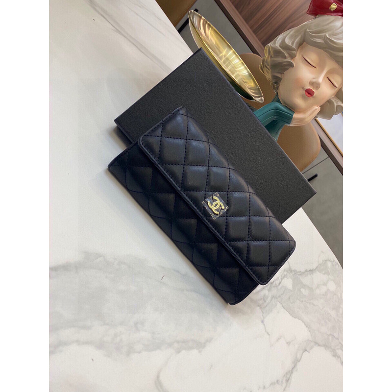 Ch*el quilted leather long wallet black