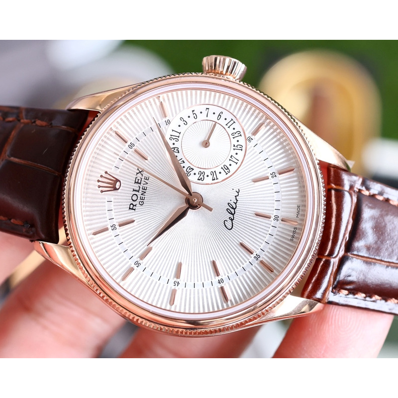 Rolex Cellini Date Watch  Everose Gold Silver Dial Brown Leather Strap