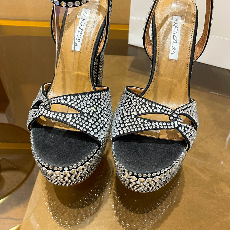 Aquazzura Sinner Crystal Plateau Satin Sandals Black